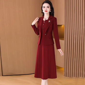 Двоен костюм с пола: рокля и сако за сватбени тържества, есен 2024, полиестер, миди дължина, три четвърти ръкав