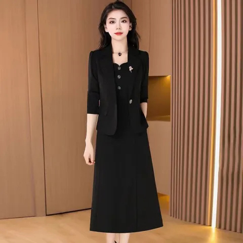 Двоен костюм с пола: рокля и сако за сватбени тържества, есен 2024, полиестер, миди дължина, три четвърти ръкав