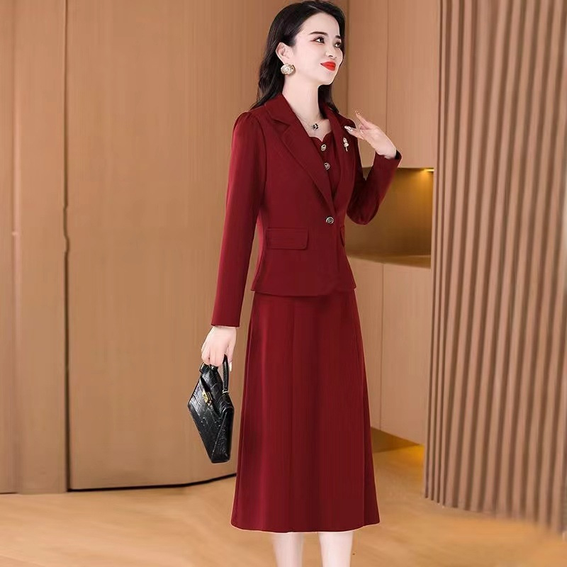 Двоен костюм с пола: рокля и сако за сватбени тържества, есен 2024, полиестер, миди дължина, три четвърти ръкав