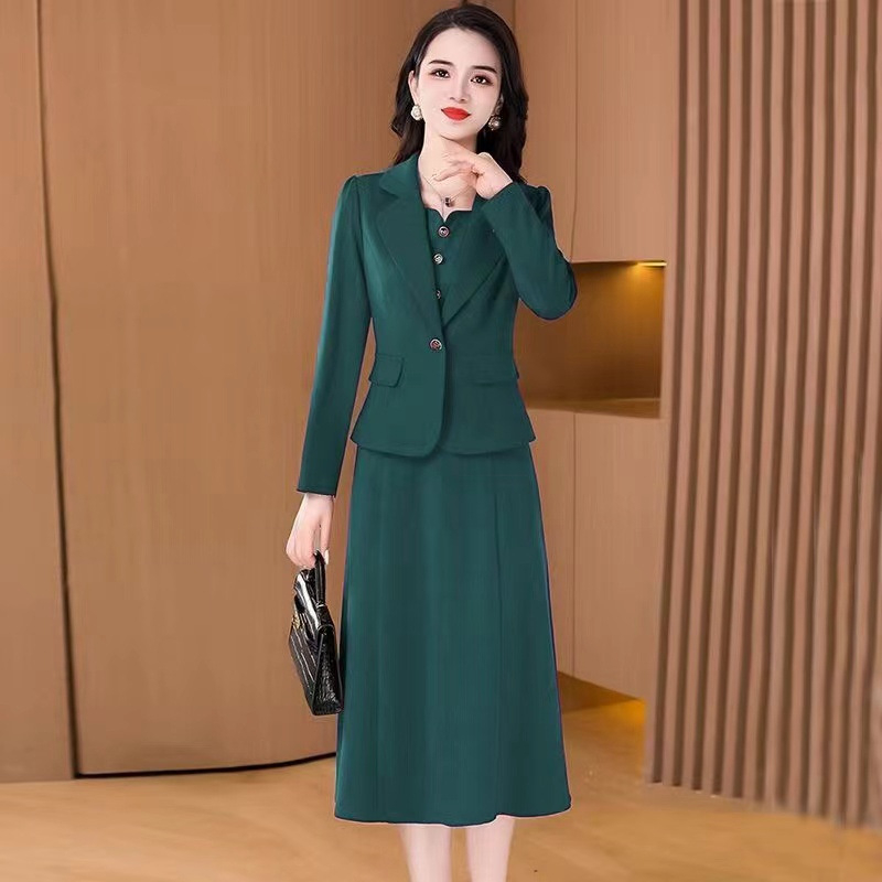 Двоен костюм с пола: рокля и сако за сватбени тържества, есен 2024, полиестер, миди дължина, три четвърти ръкав