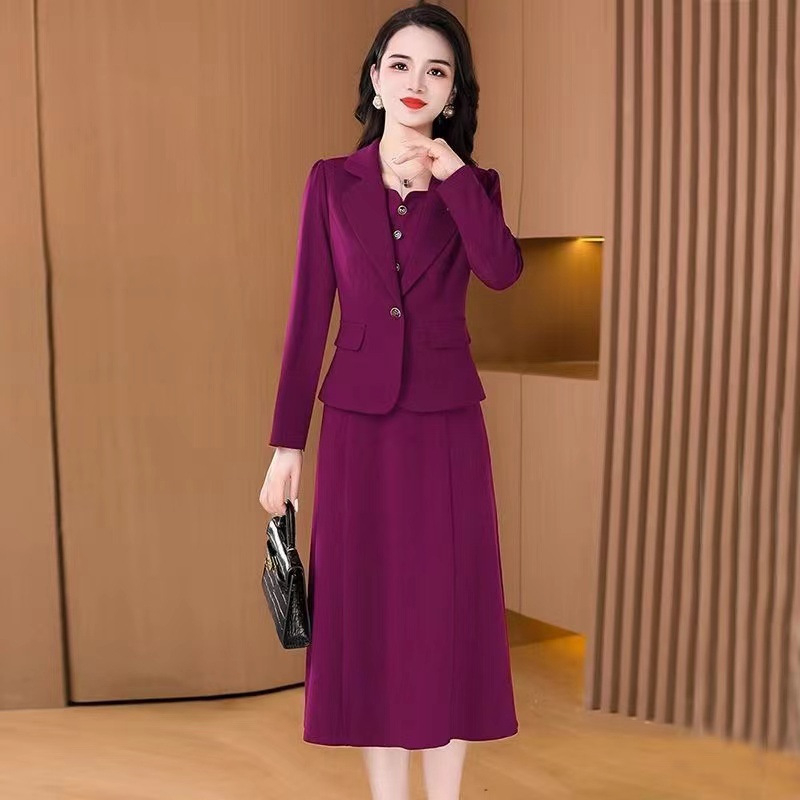 Двоен костюм с пола: рокля и сако за сватбени тържества, есен 2024, полиестер, миди дължина, три четвърти ръкав