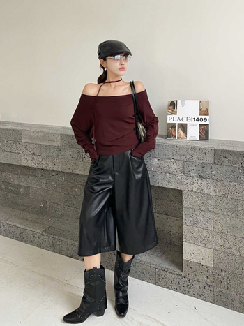 Ženske PU kožne cropped bootcut hlače, visoki struk, A-linija, široke nogavice, zatvarač
