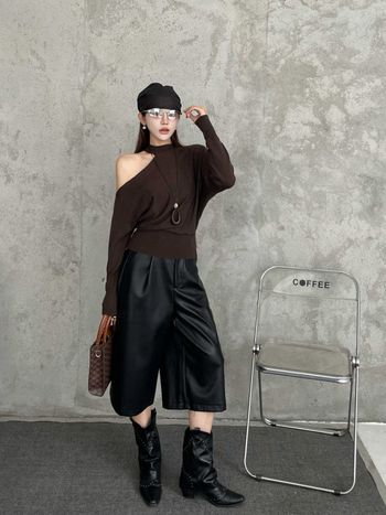 Ženske PU kožne cropped bootcut hlače, visoki struk, A-linija, široke nogavice, zatvarač