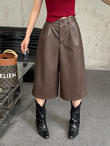 Ženske PU kožne cropped bootcut hlače, visoki struk, A-linija, široke nogavice, zatvarač