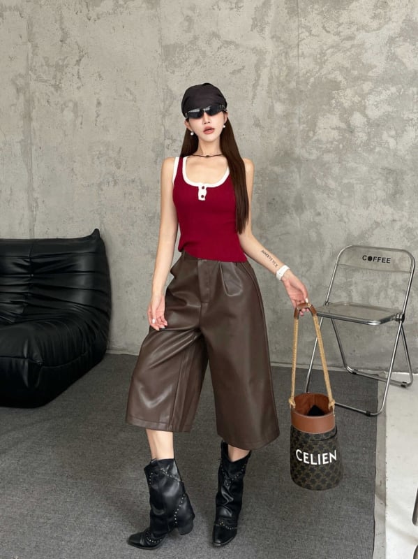 Ženske PU kožne cropped bootcut hlače, visoki struk, A-linija, široke nogavice, zatvarač