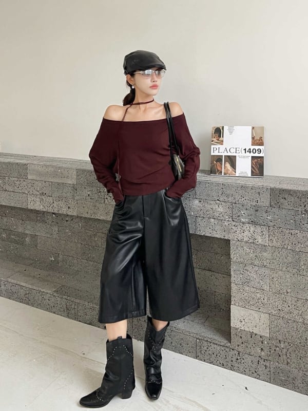 Ženske PU kožne cropped bootcut hlače, visoki struk, A-linija, široke nogavice, zatvarač