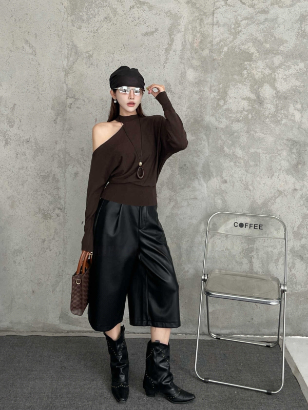 Ženske PU kožne cropped bootcut hlače, visoki struk, A-linija, široke nogavice, zatvarač