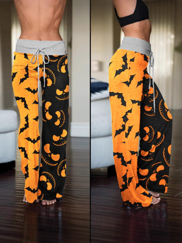 Pantaloni femei largi talie înaltă, imprimare 3D completă, stil casual