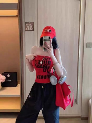 Top femei imprimat cu bretele, stil retro american, croială în formă A, bretele detașabile, primăvara 2025