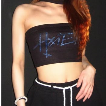 Tube top bez naramenica s kristalnim slovima, uski kroj, jesen 2025