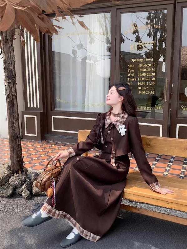 Dvodjelni set: sako i haljina s kariranim uzorkom i 3D uzorkom, dugi rukavi, poliester