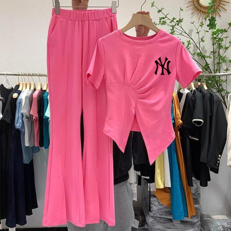Ženski dvodijelni set s širokim hlačama i print topom, korejski casual stil, ljeto 2025, tkanina od spandeksa i poliestera