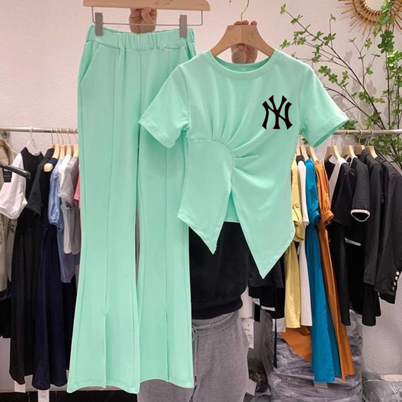 Ženski dvodijelni set s širokim hlačama i print topom, korejski casual stil, ljeto 2025, tkanina od spandeksa i poliestera