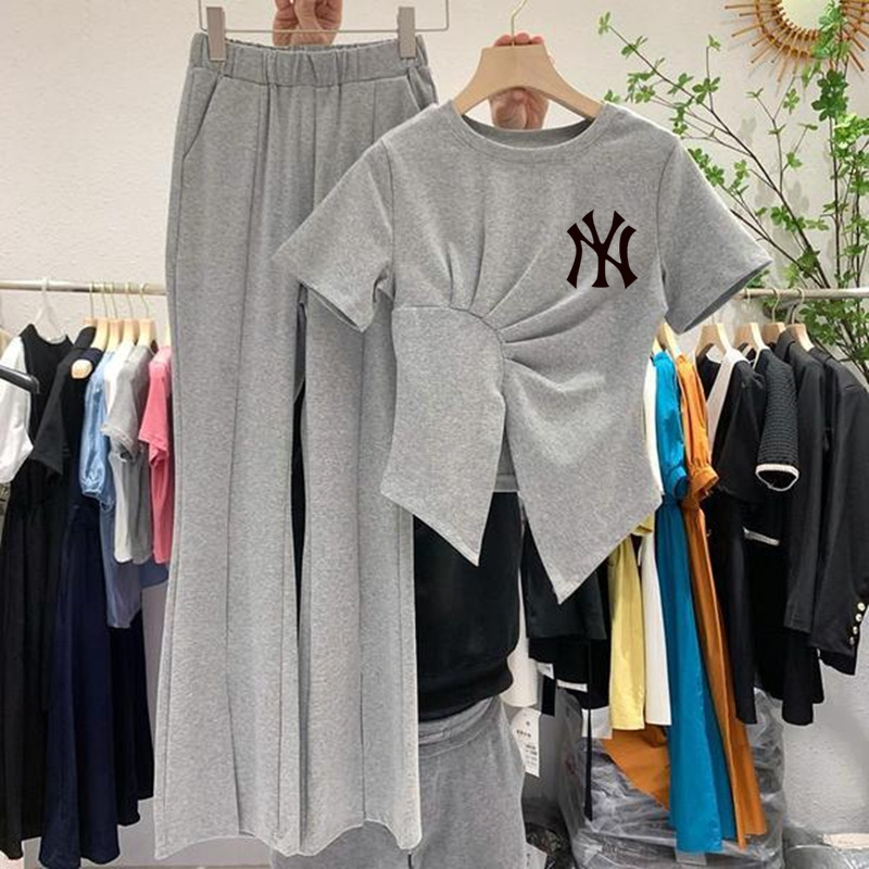Ženski dvodijelni set s širokim hlačama i print topom, korejski casual stil, ljeto 2025, tkanina od spandeksa i poliestera
