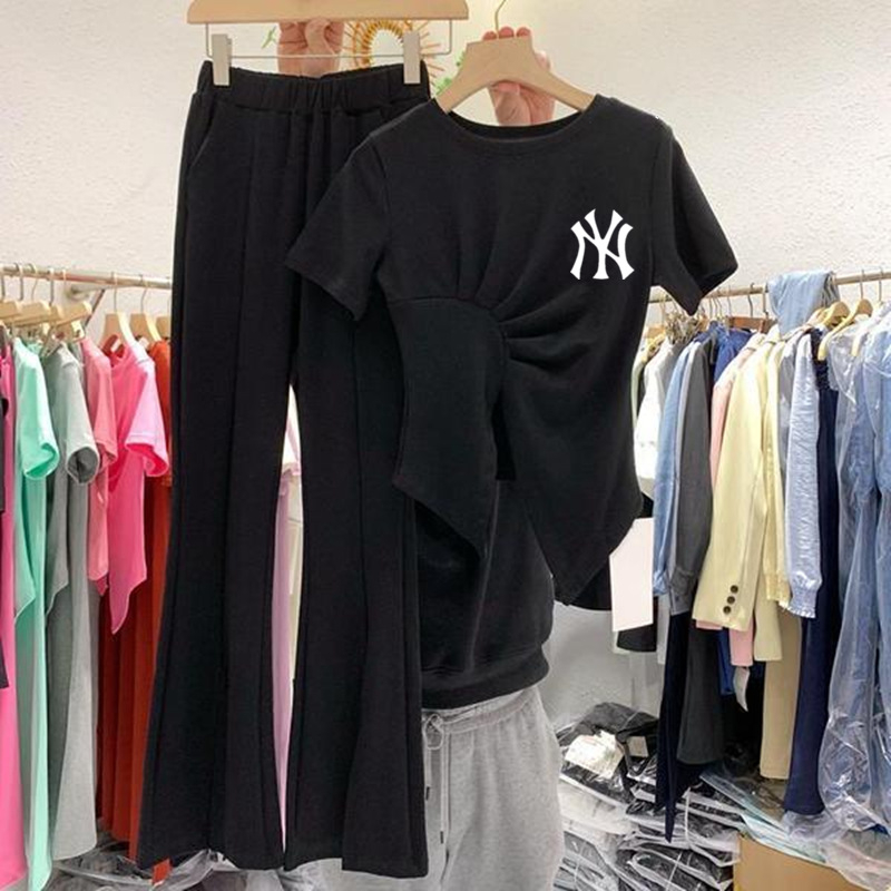 Ženski dvodijelni set s širokim hlačama i print topom, korejski casual stil, ljeto 2025, tkanina od spandeksa i poliestera