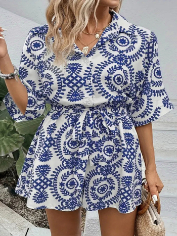 DUTRIEUX Ženski kombinezon s all-over otiskom, poliester 95%+, mikroelastičnost, široke nogavice, 3/4 duljine, Plus Size, Ljeto 2024