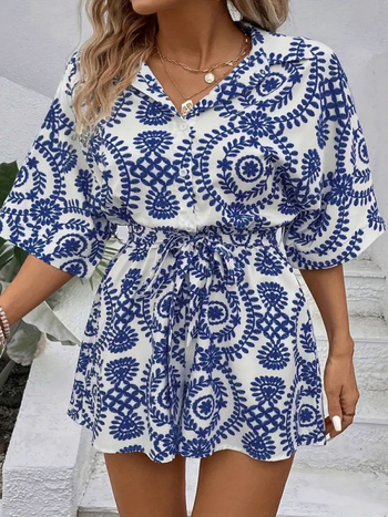 DUTRIEUX Ženski kombinezon s all-over otiskom, poliester 95%+, mikroelastičnost, široke nogavice, 3/4 duljine, Plus Size, Ljeto 2024