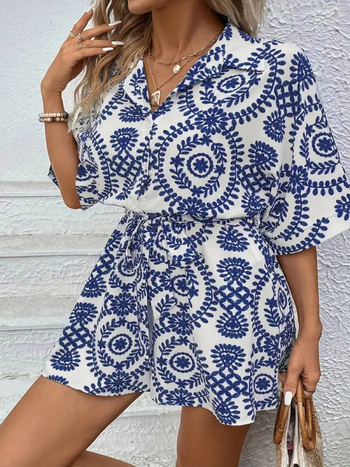 DUTRIEUX Ženski kombinezon s all-over otiskom, poliester 95%+, mikroelastičnost, široke nogavice, 3/4 duljine, Plus Size, Ljeto 2024