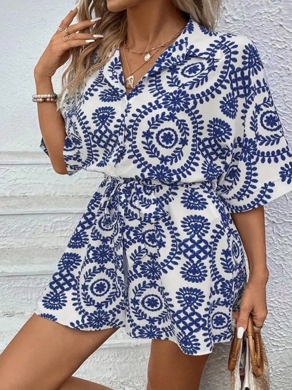 DUTRIEUX Ženski kombinezon s all-over otiskom, poliester 95%+, mikroelastičnost, široke nogavice, 3/4 duljine, Plus Size, Ljeto 2024