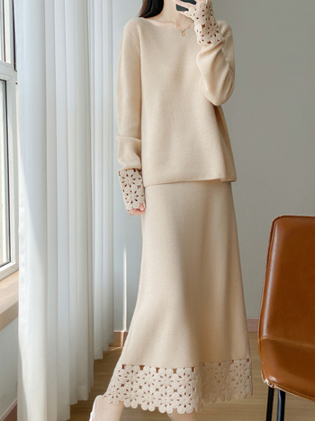 Set fustă-pulover din lână, țesătură mercerizată 90–95% lână, mâneci lungi, fustă midi, iarnă 2025