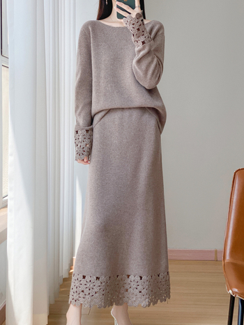 Set fustă-pulover din lână, țesătură mercerizată 90–95% lână, mâneci lungi, fustă midi, iarnă 2025