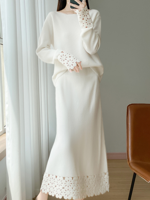 Set fustă-pulover din lână, țesătură mercerizată 90–95% lână, mâneci lungi, fustă midi, iarnă 2025