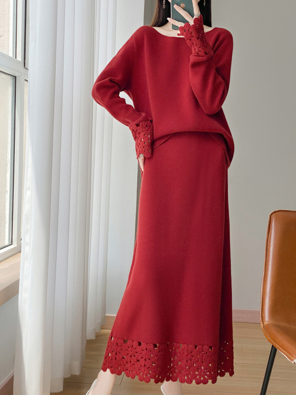 Set fustă-pulover din lână, țesătură mercerizată 90–95% lână, mâneci lungi, fustă midi, iarnă 2025