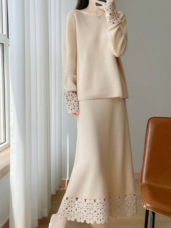 Set fustă-pulover din lână, țesătură mercerizată 90–95% lână, mâneci lungi, fustă midi, iarnă 2025