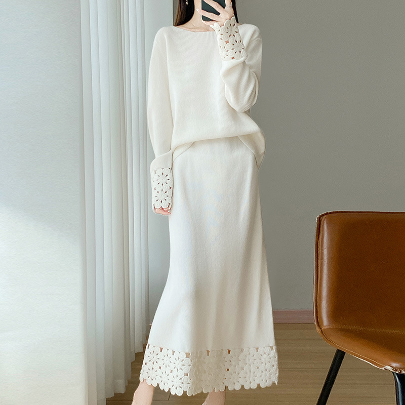 Set fustă-pulover din lână, țesătură mercerizată 90–95% lână, mâneci lungi, fustă midi, iarnă 2025