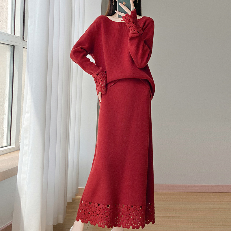 Set fustă-pulover din lână, țesătură mercerizată 90–95% lână, mâneci lungi, fustă midi, iarnă 2025