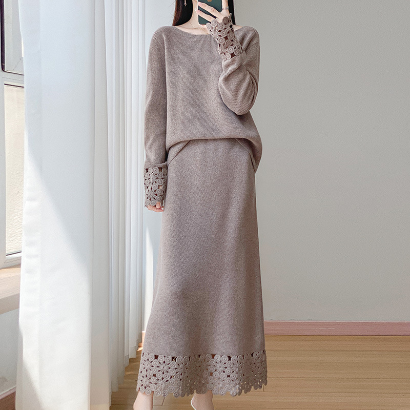 Set fustă-pulover din lână, țesătură mercerizată 90–95% lână, mâneci lungi, fustă midi, iarnă 2025