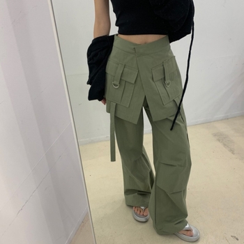 Pantaloni femei cu croială largă, talie înaltă, poliester, stil de lucru, cu buzunar decorativ mare