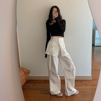 Pantaloni femei cu croială largă, talie înaltă, poliester, stil de lucru, cu buzunar decorativ mare