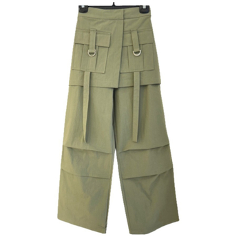 Pantaloni femei cu croială largă, talie înaltă, poliester, stil de lucru, cu buzunar decorativ mare