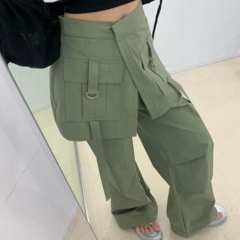 Pantaloni femei cu croială largă, talie înaltă, poliester, stil de lucru, cu buzunar decorativ mare