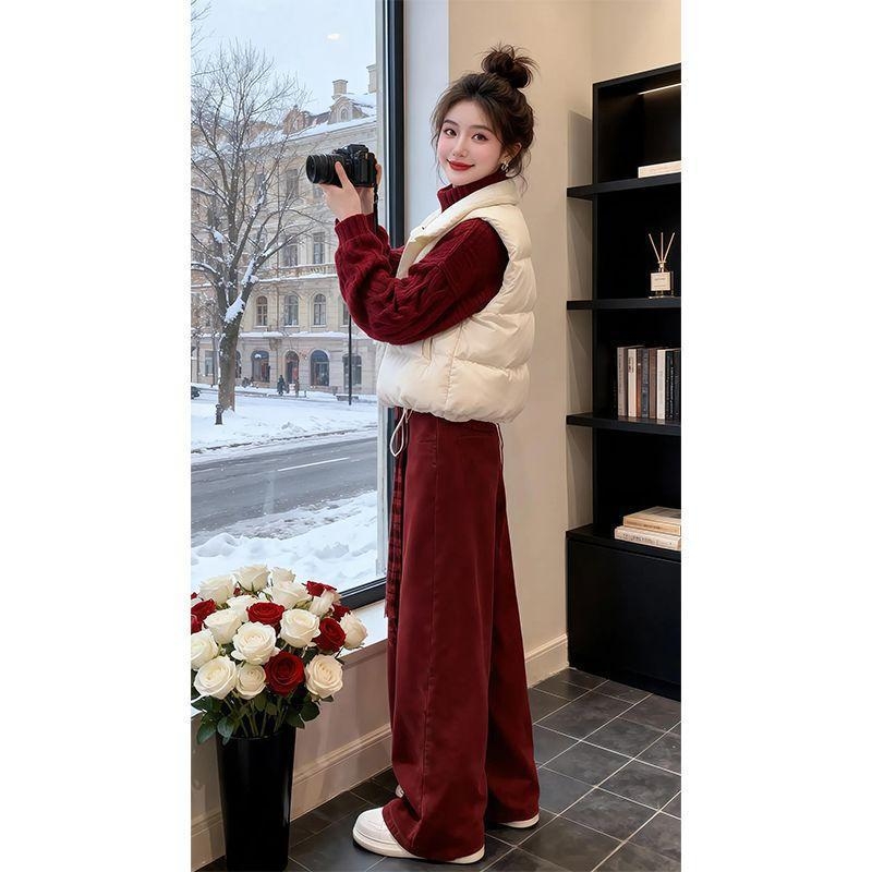 Francuski vintage ženski trodijelni komplet: prsluk, pleteni džemper i hlače s širokim nogavicama – zima, dugi rukav, slim fit