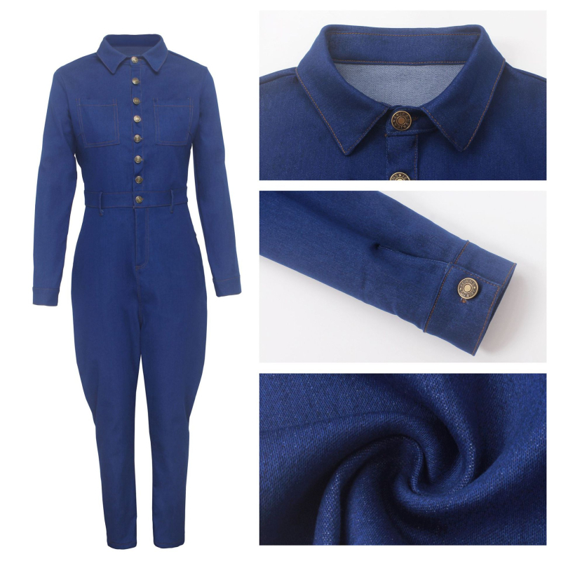 Sleeping Beauty denim jumpsuit - uski kroj, britanski stil, srednji pojas, kolagensko šavovi detalj, jesen 2025