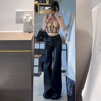 Crne PU kožne hlače za žene, široki kroj, visokim strukom, casual stil