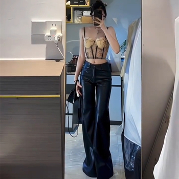 Crne PU kožne hlače za žene, široki kroj, visokim strukom, casual stil