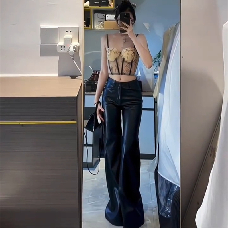 Crne PU kožne hlače za žene, široki kroj, visokim strukom, casual stil