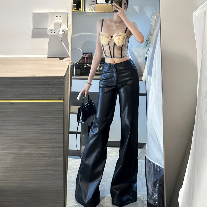 Crne PU kožne hlače za žene, široki kroj, visokim strukom, casual stil
