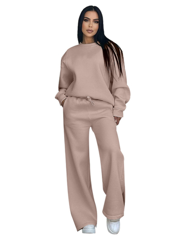 Ženski set: top s okruglim izrezom i dugim rukavima, široke hlače, detalji collage/šivanje, poliester s elastanom, jesen-zima 2024, Silk Shangni, casual ženski odijelo