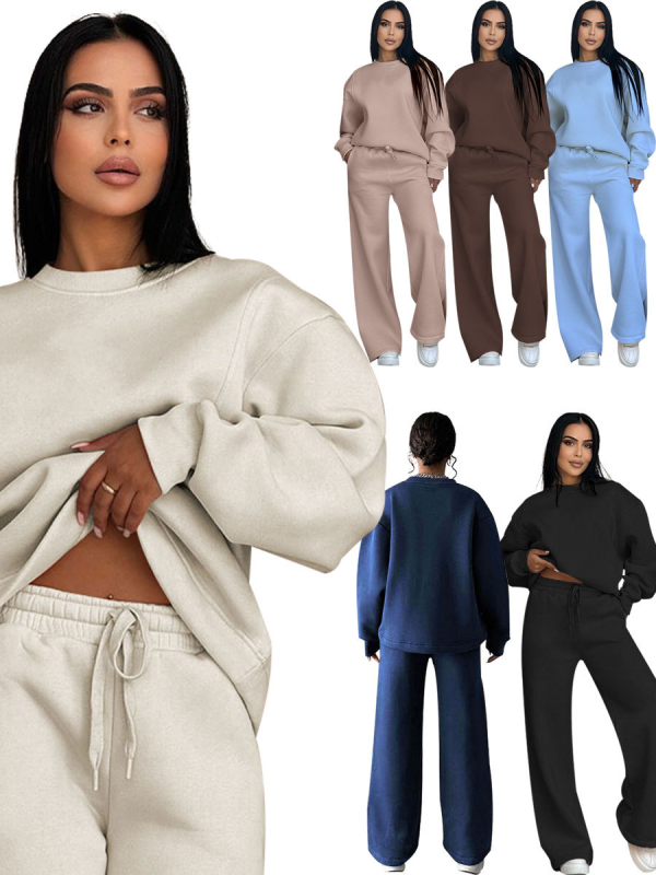 Ženski set: top s okruglim izrezom i dugim rukavima, široke hlače, detalji collage/šivanje, poliester s elastanom, jesen-zima 2024, Silk Shangni, casual ženski odijelo
