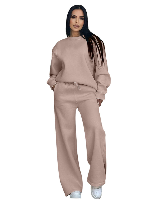 Ženski set: top s okruglim izrezom i dugim rukavima, široke hlače, detalji collage/šivanje, poliester s elastanom, jesen-zima 2024, Silk Shangni, casual ženski odijelo