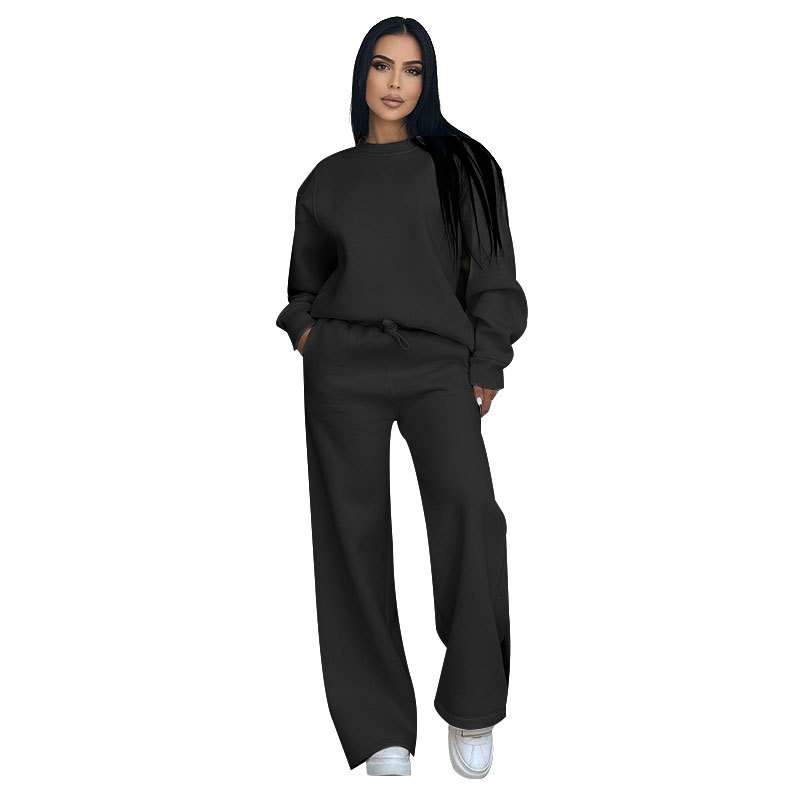 Ženski set: top s okruglim izrezom i dugim rukavima, široke hlače, detalji collage/šivanje, poliester s elastanom, jesen-zima 2024, Silk Shangni, casual ženski odijelo