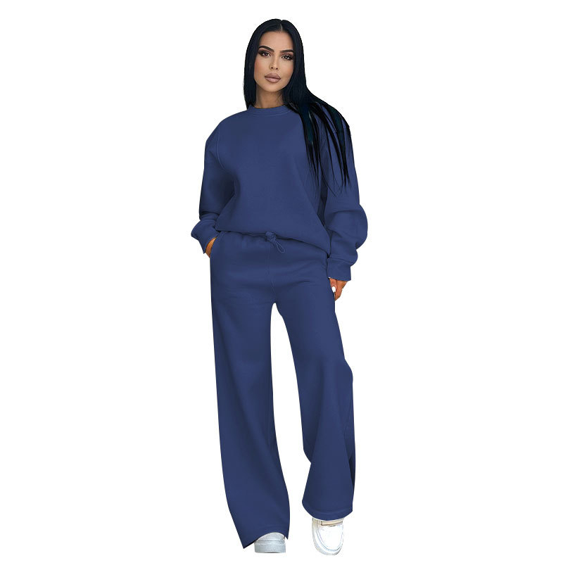 Ženski set: top s okruglim izrezom i dugim rukavima, široke hlače, detalji collage/šivanje, poliester s elastanom, jesen-zima 2024, Silk Shangni, casual ženski odijelo