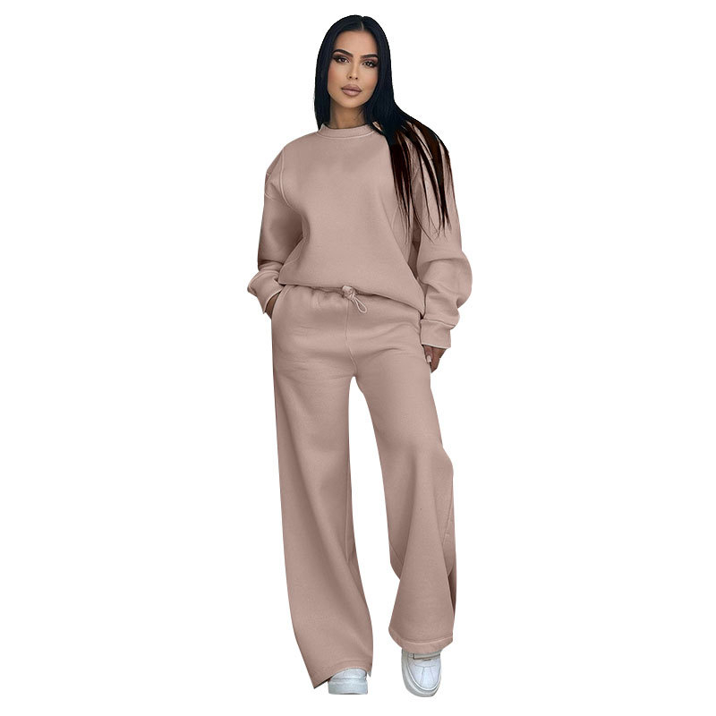 Ženski set: top s okruglim izrezom i dugim rukavima, široke hlače, detalji collage/šivanje, poliester s elastanom, jesen-zima 2024, Silk Shangni, casual ženski odijelo