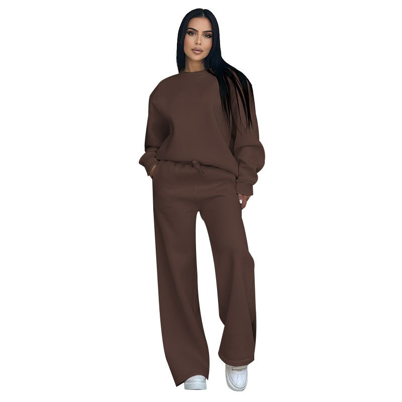 Ženski set: top s okruglim izrezom i dugim rukavima, široke hlače, detalji collage/šivanje, poliester s elastanom, jesen-zima 2024, Silk Shangni, casual ženski odijelo