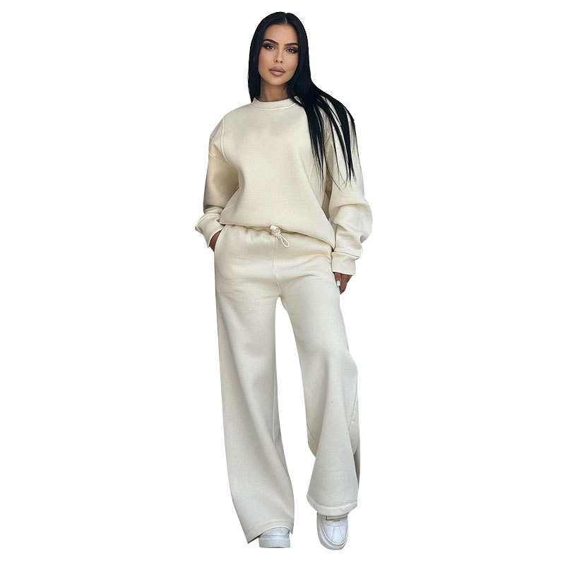 Ženski set: top s okruglim izrezom i dugim rukavima, široke hlače, detalji collage/šivanje, poliester s elastanom, jesen-zima 2024, Silk Shangni, casual ženski odijelo