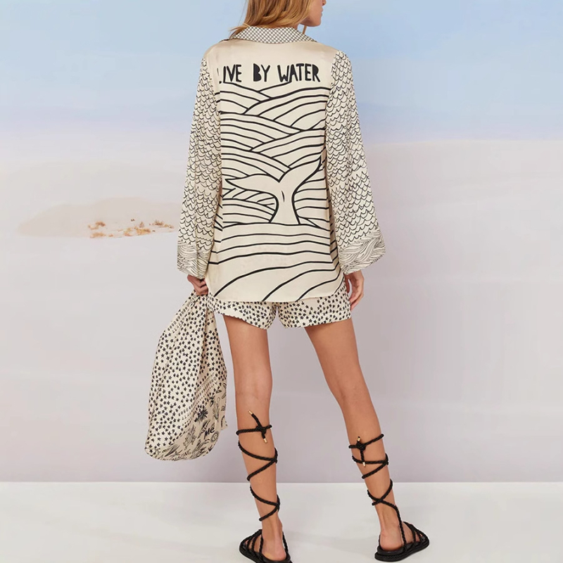 Saten dvodijelni kostim s printsom, ljeto 2025, street hipster stil, glavni materijal poliester